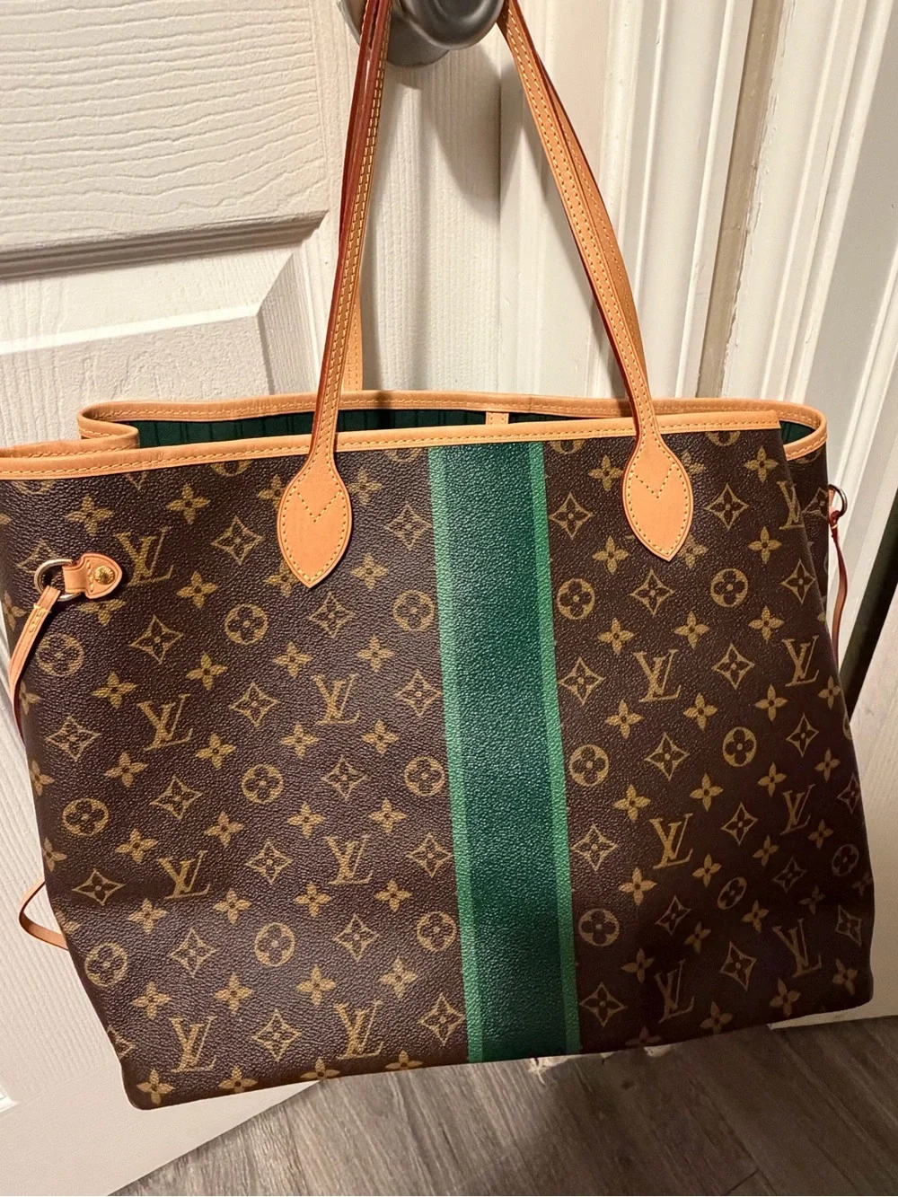 Louis Vuitton Neverfull GM Monogram Tote with Green Stripe personalized 100%auth